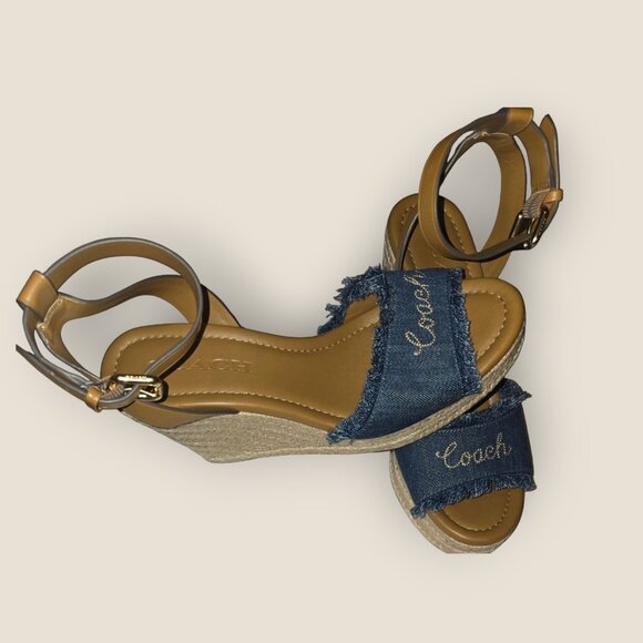 Coach Kelley Denim Espadrille Wedge Sandals - Tan Leather - Sz 6 - Picture 2 of 7